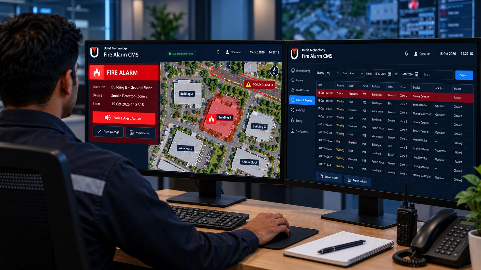 Control room operator using Uchit Fire Alarm CMS: a fire alarm pop-up on a live site map with a road-closed warning, and the alarm history report on a second screen